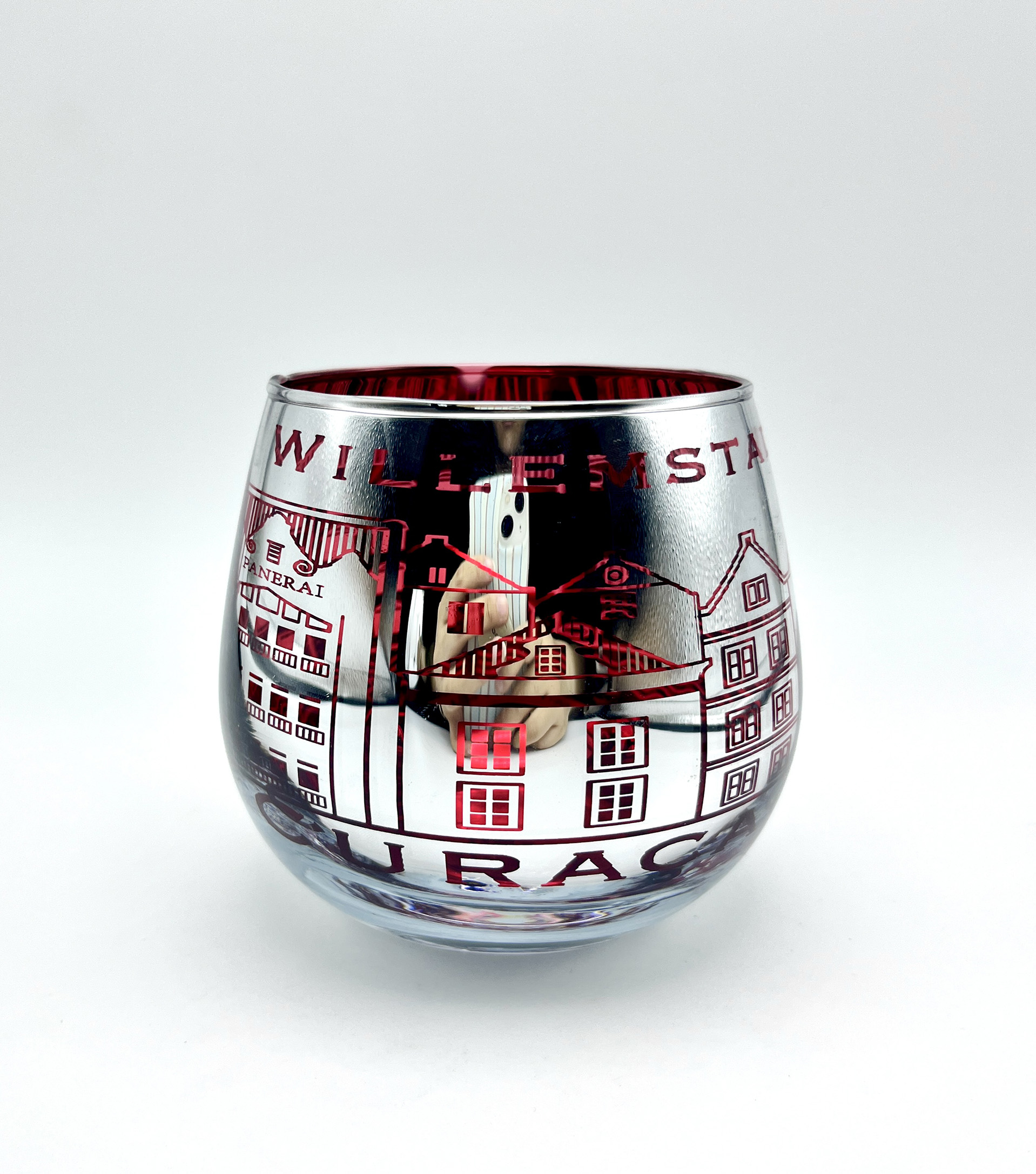 Red Color Electroplate Carve Low-Tumbler Glass Cup City Building Design