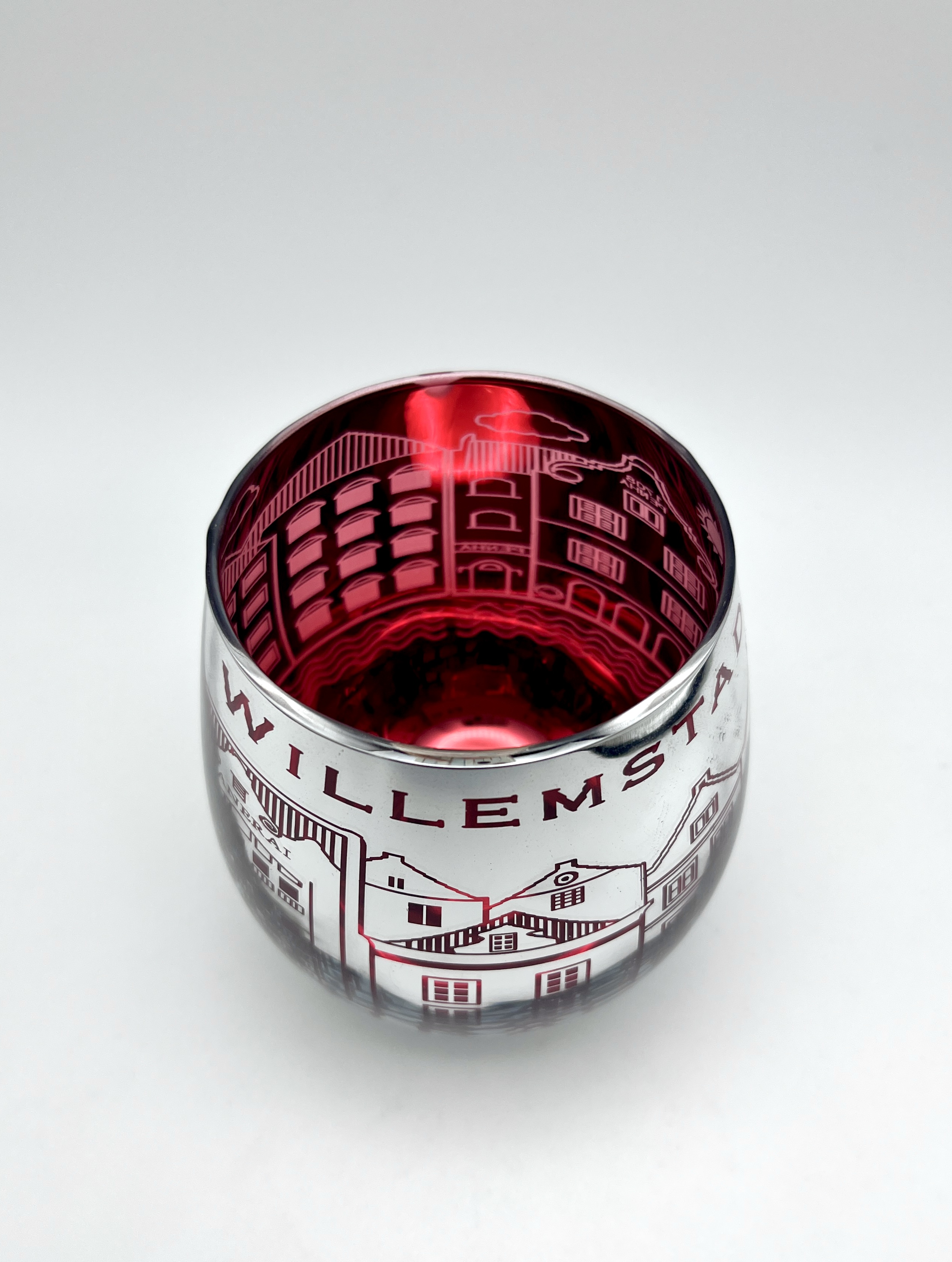 Red Color Electroplate Carve Low-Tumbler Glass Cup City Building Design