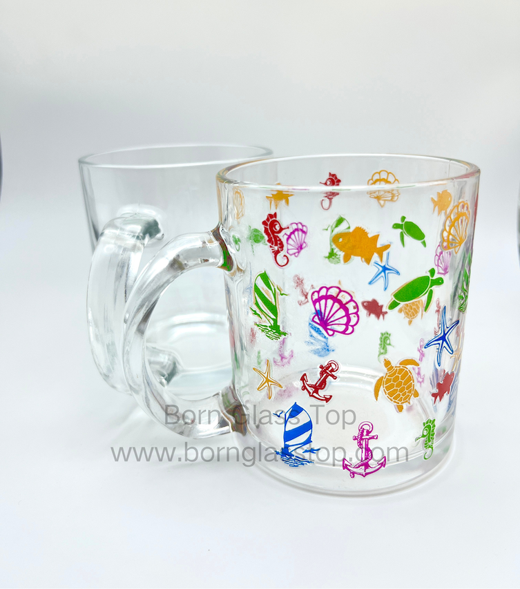 Sea Creatures Colored Embossed Decal Custom Glass Coffee Mug
