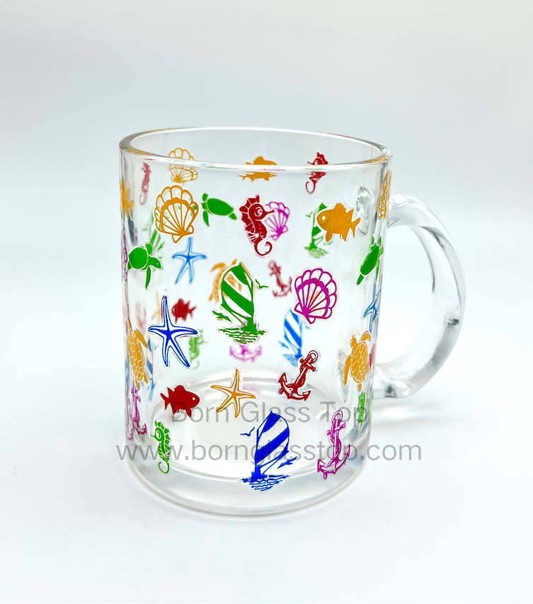 Sea Creatures Colored Embossed Decal Custom Glass Coffee Mug