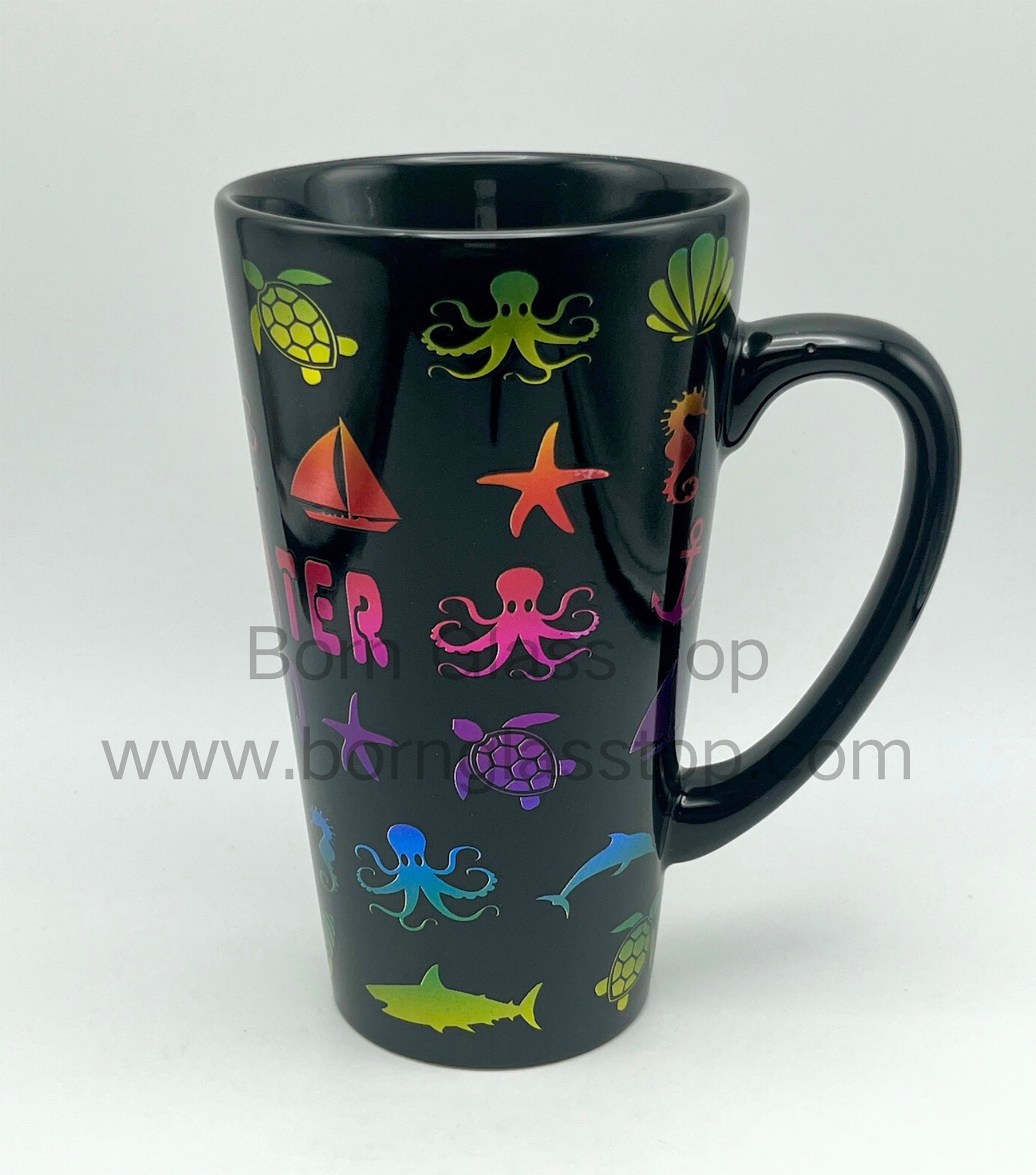 Colored Silver-Pressed Animal Decal 330ML Ceramic Funnel Mug Glossy Black Glaze