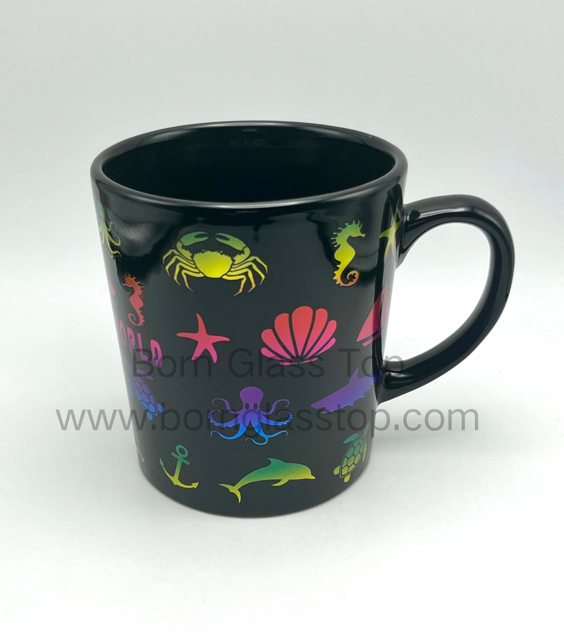 Colored Silver-Pressed Animal Decal 330ML Ceramic Funnel Mug Glossy Black Glaze