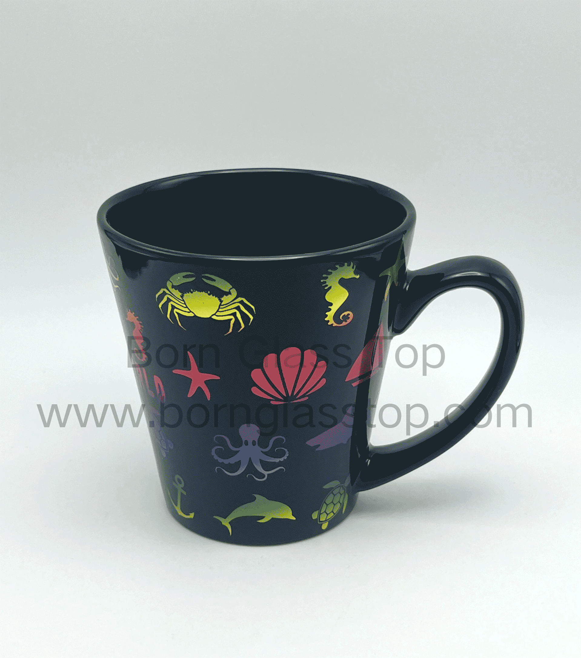 Colored Silver-Pressed Animal Decal 330ML Ceramic Funnel Mug Glossy Black Glaze