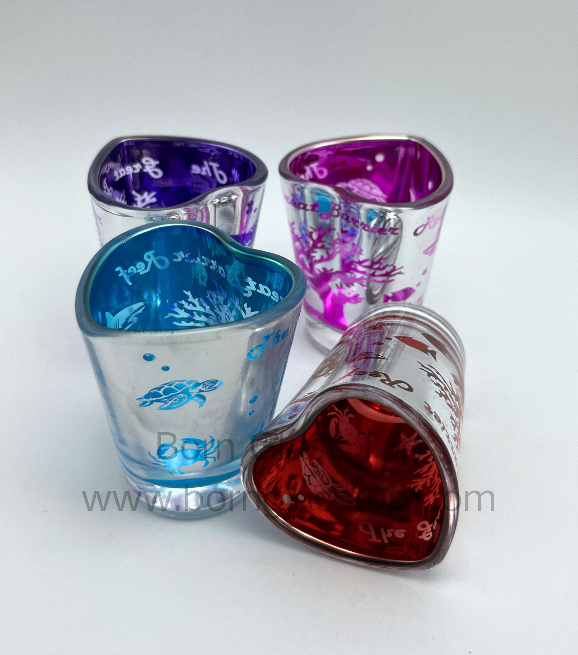 Set Of Four Colors Electropalting Carving Inside Heart Shot Glass For Options